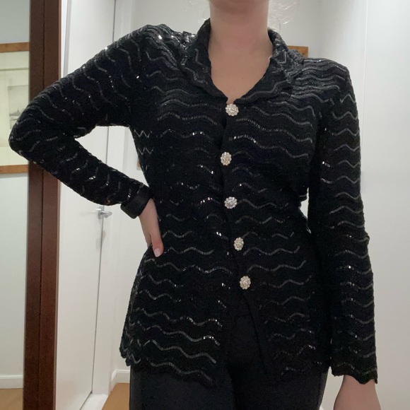 St. John Couture by Marie Gray Black Mesh Sequin Cardigan with Floral Buttons 4 - Picture 2 of 12